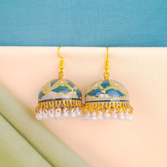 Floral Teal Blossom Meenakari Jhumka