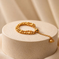 Golden Beaded Layered Chain Ring - 18K Gold Plated