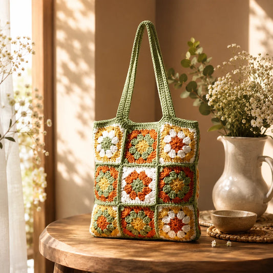 Floral Rustic Crochet Tote Bag