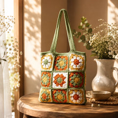Floral Rustic Crochet Tote Bag