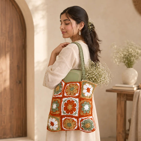 Floral Rustic Crochet Tote Bag