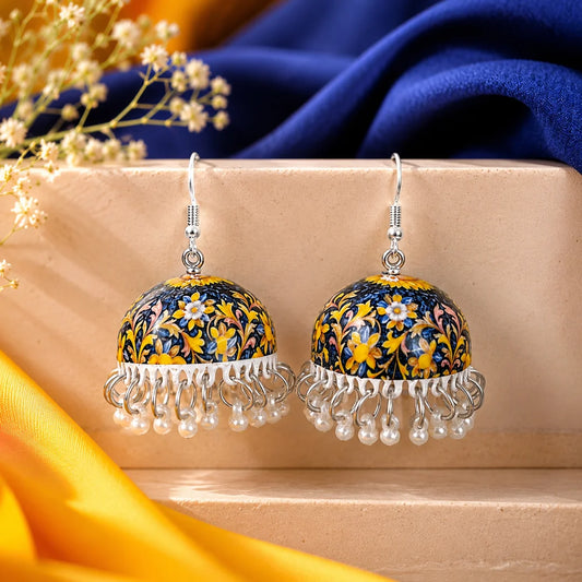 Blue Gold Muse Pearl Meenakari Jhumka