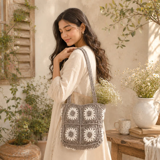 Taupe White Daisy Crochet Tote