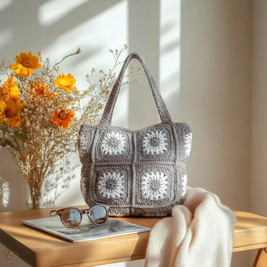 Taupe White Daisy Crochet Tote