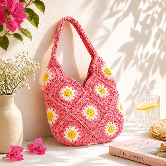 Pink Daisy Crochet Tote