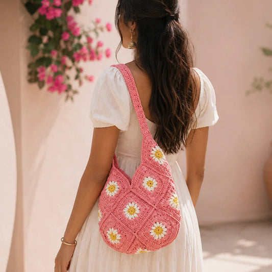 Pink Daisy Crochet Tote
