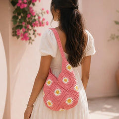 Pink Daisy Crochet Tote