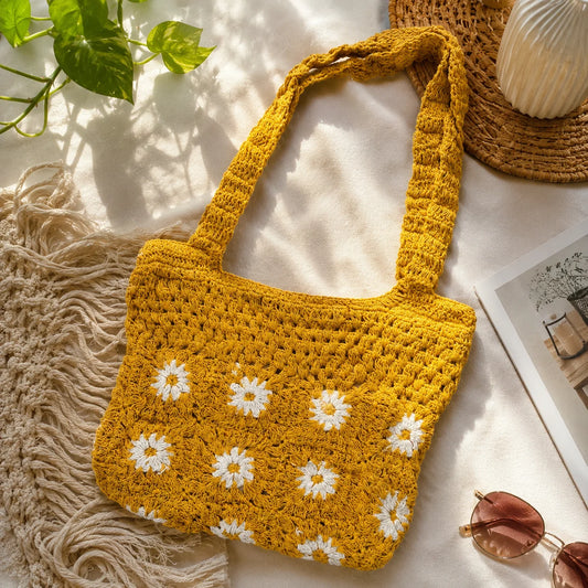 Mustard Yellow Daisy Crochet Tote Bag