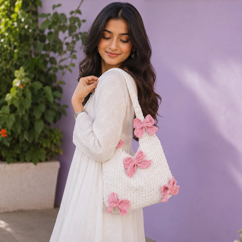 Blush Bow Crochet Shoulder Bag