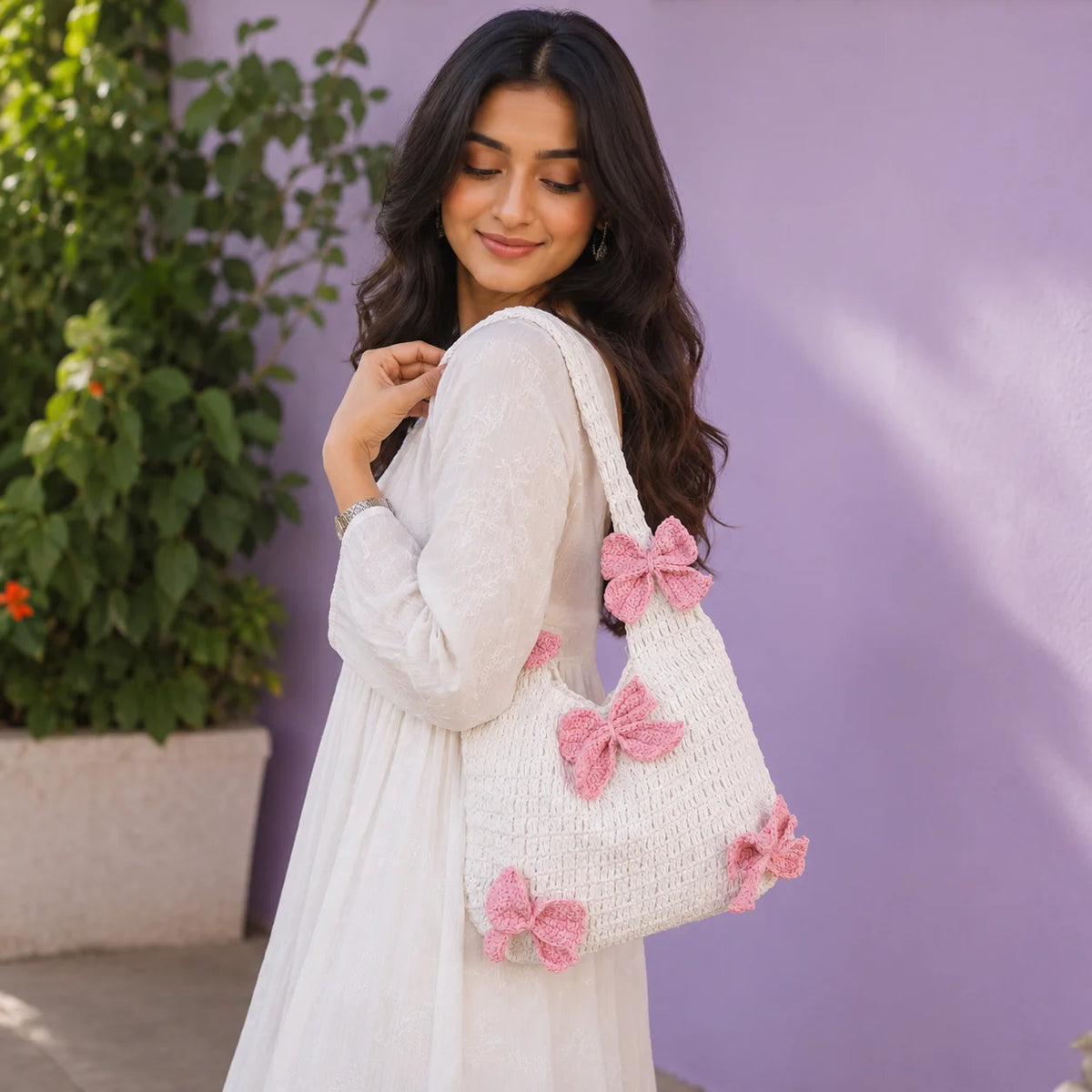 Blush Bow Crochet Shoulder Bag