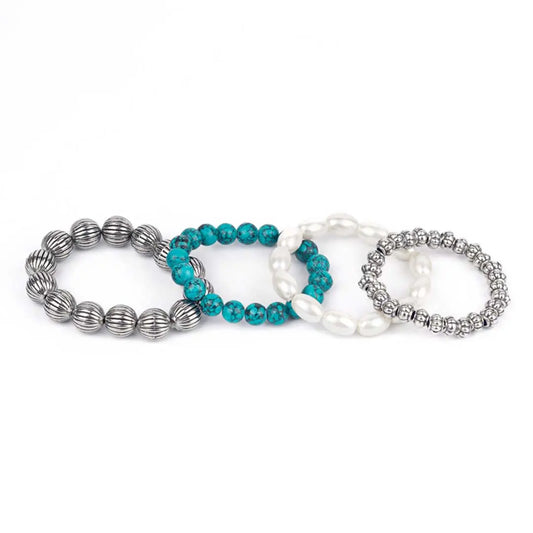 Pack of 4 Oxidised Pearl Turquoise Beaded Bracelet Combo