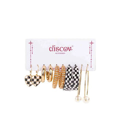 Set of 5 Checkered And Golden Chunky Earrings Combo