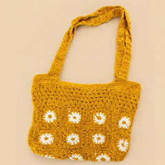 Mustard Yellow Daisy Crochet Tote Bag