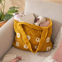 Mustard Yellow Daisy Crochet Tote Bag
