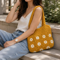 Mustard Yellow Daisy Crochet Tote Bag
