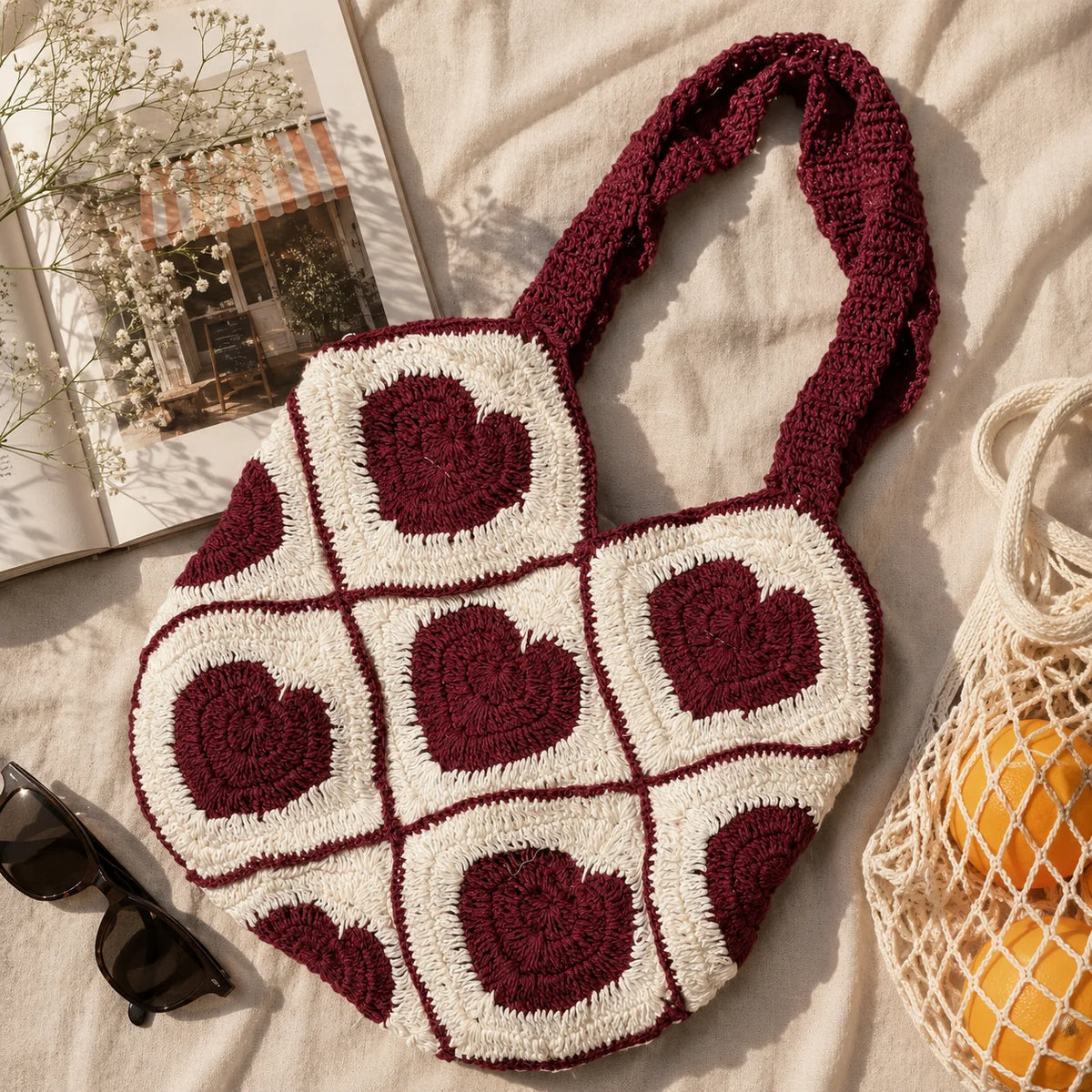 Maroon Heart Crochet  Shoulder Bag