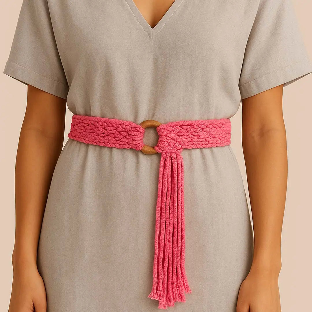 Macrame Pink Wooden Buckle Belt