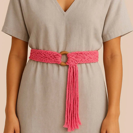 Macrame Pink Wooden Buckle Belt