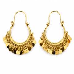 Gold Coin Tassel Hoop Earrings