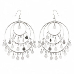 Silver Triple Hoop Coin Tassel Earrings