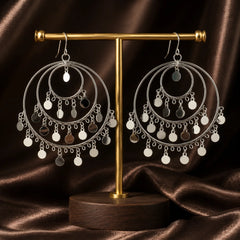 Silver Triple Hoop Coin Tassel Earrings