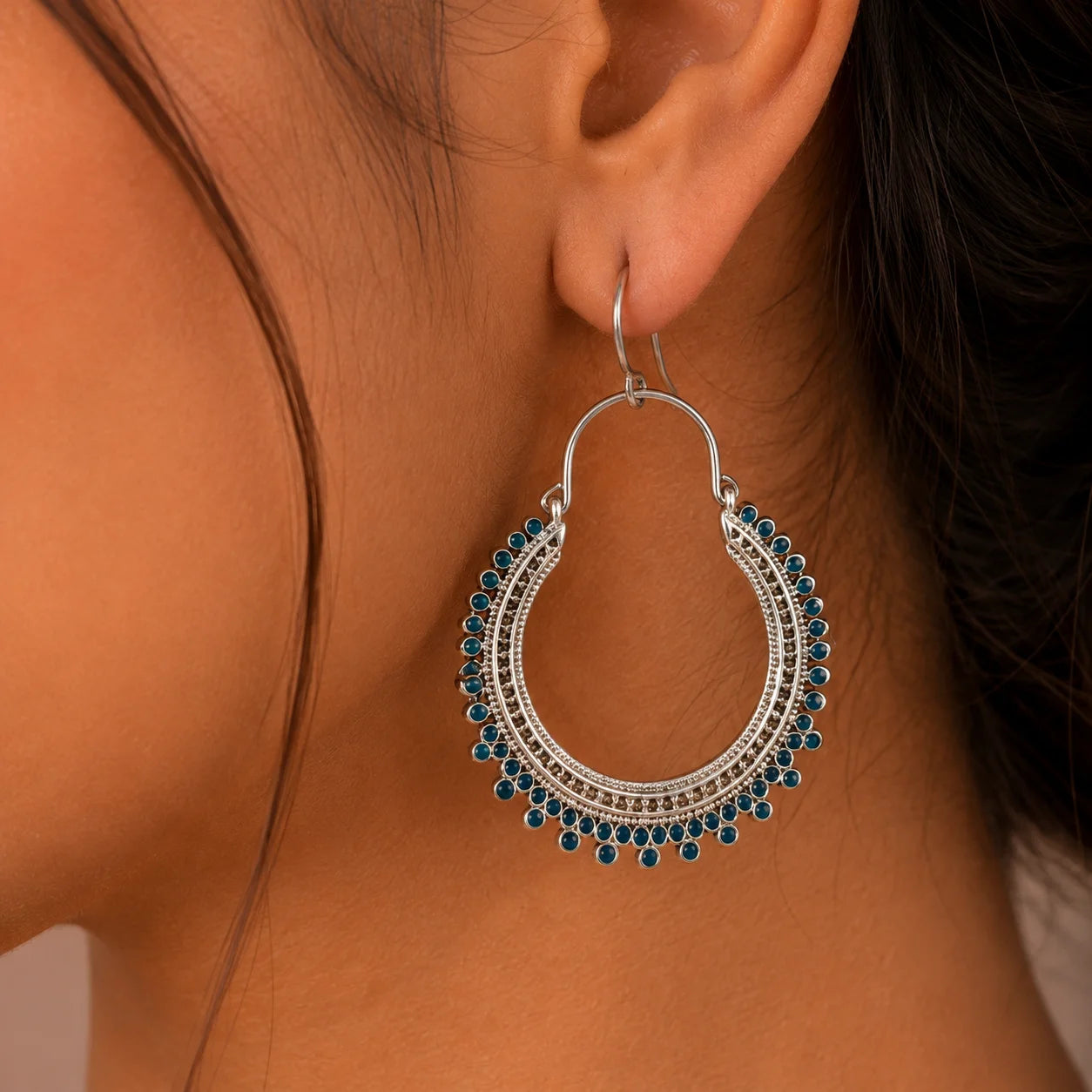 Large lightweight navy blue enamel oxidised hoops in chandbali style for daily ethnic wear
