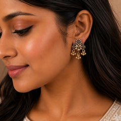 Navy Blue Stone Floral Drop Earrings