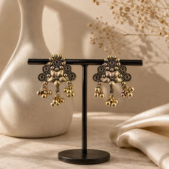 Navy Blue Stone Floral Drop Earrings