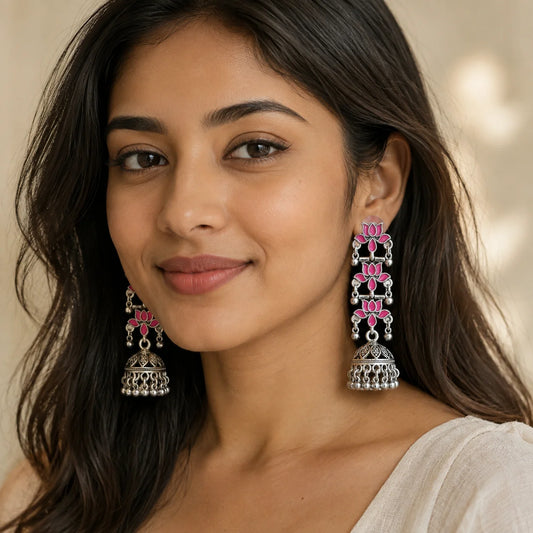 Silver Pink Lotus Jhumka Earrings