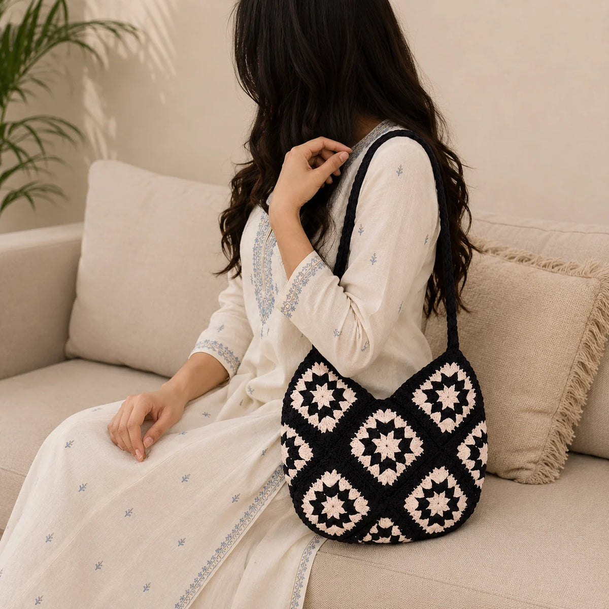 Ivory Noir Crochet Shoulder Bag