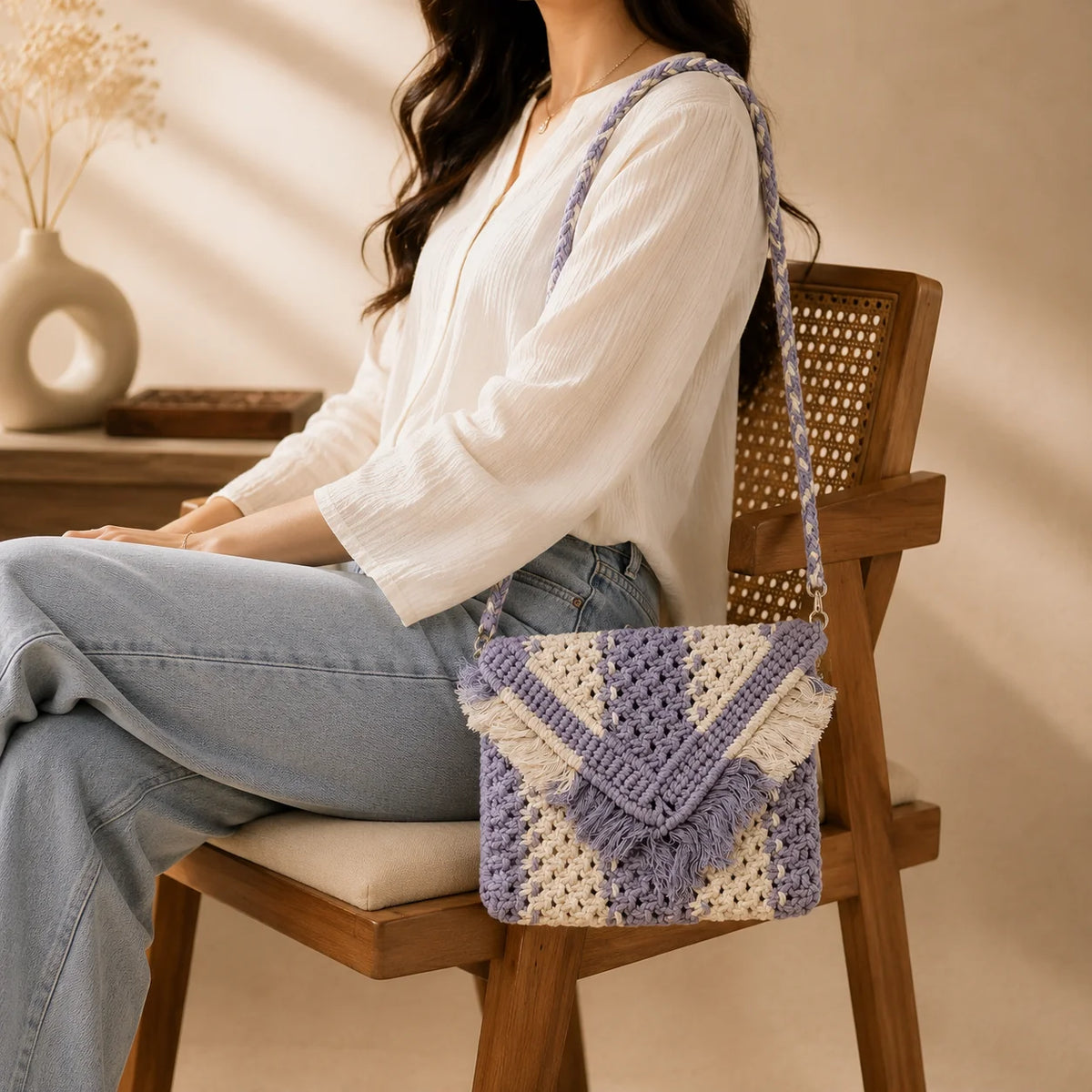 Macrame Blue N White Sling Bag