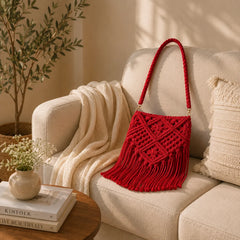 Red Macrame Knotted Tassel Sling Bag