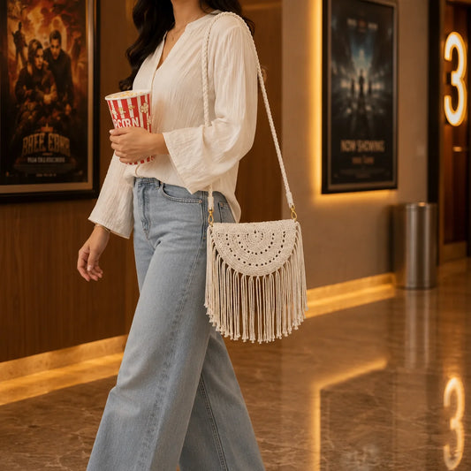 Macrame Long Tassel Half Moon Sling Bag