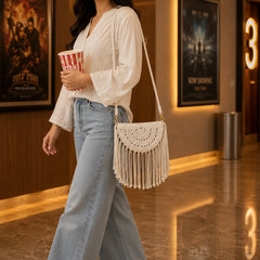 Macrame Long Tassel Half Moon Sling Bag