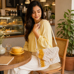 Yellow Striped White Macrame Sling Bag