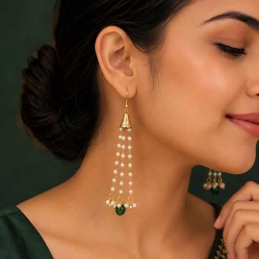 Traditional Golden Cone Pearl Chain Tassel Earrings