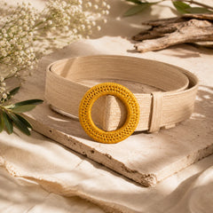 Woven Raffia Cream Circular Buckle Belt