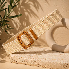 Woven Raffia Cream Rectangular Buckle Belt