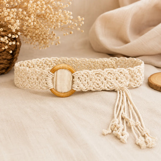 Macrame Off White Wooden Buckle Belt