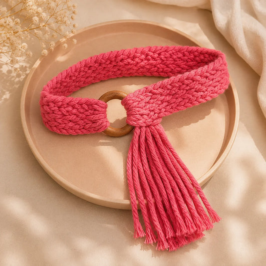 Macrame Pink Wooden Buckle Belt