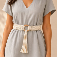 Macrame White Wooden Buckle Belt