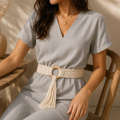 Macrame White Wooden Buckle Belt