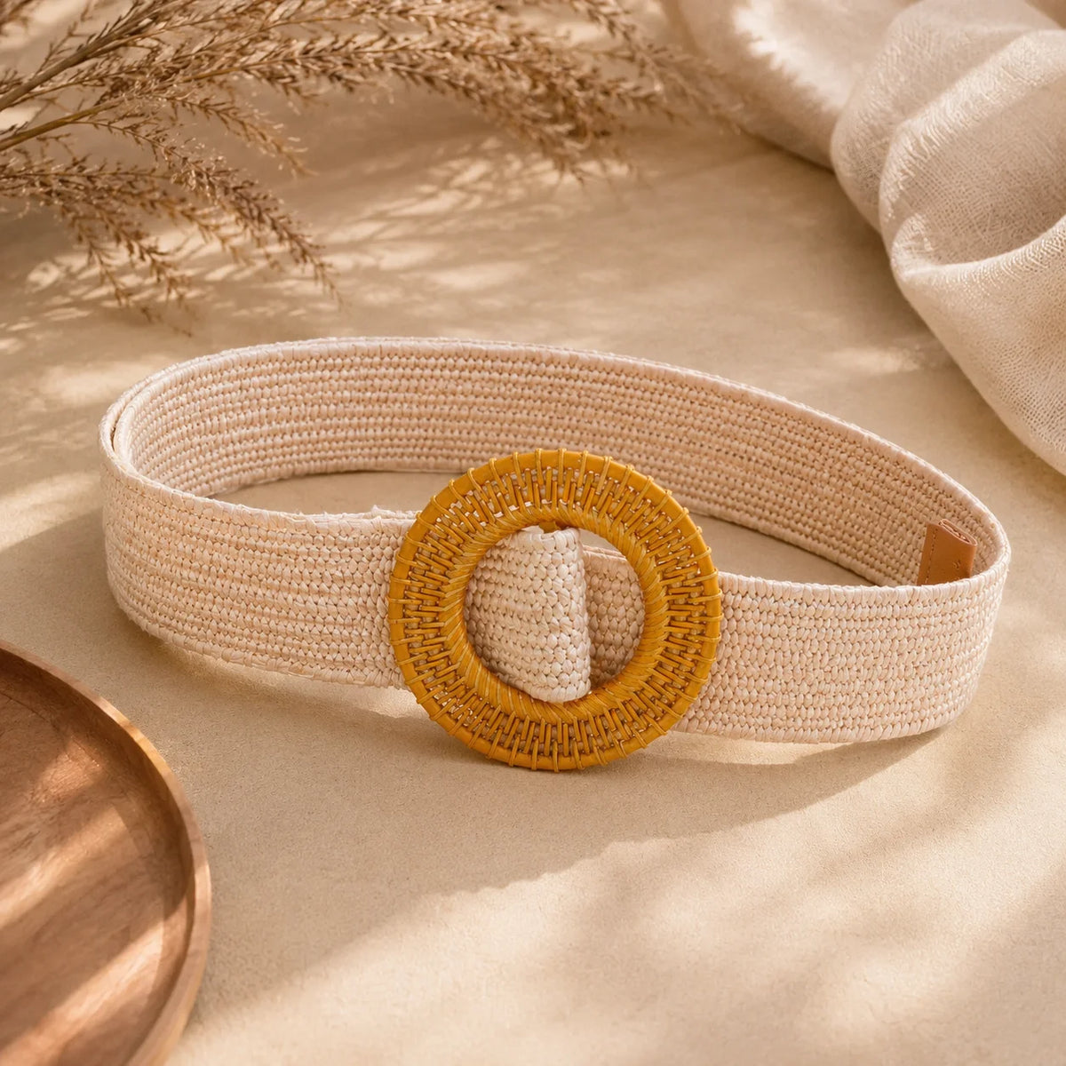 Woven Raffia Cream Circular Buckle Belt