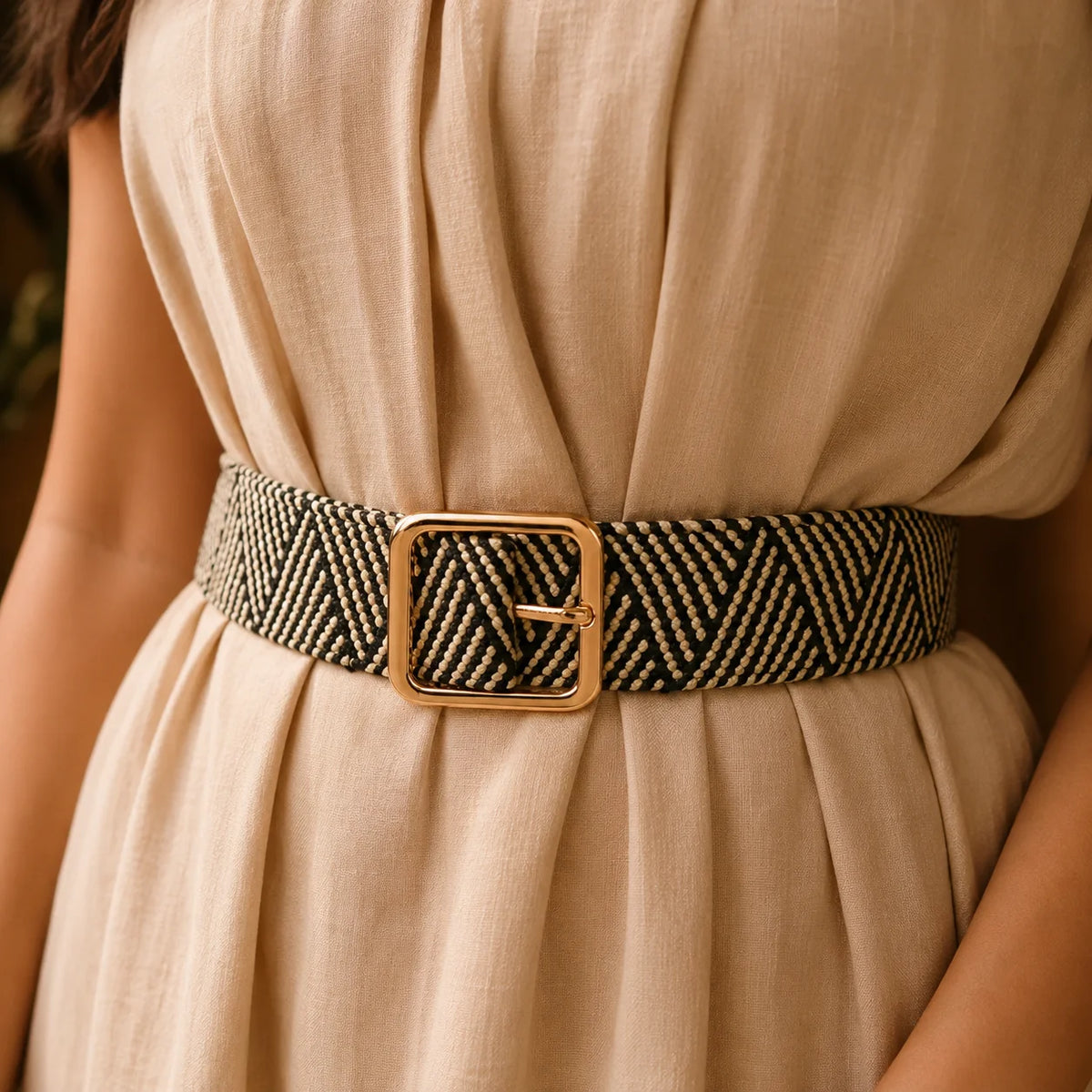 Raffia Black N Cream Chevron Belt