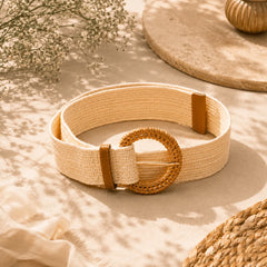 Cream Raffia Braided Straw Buckle Belt
