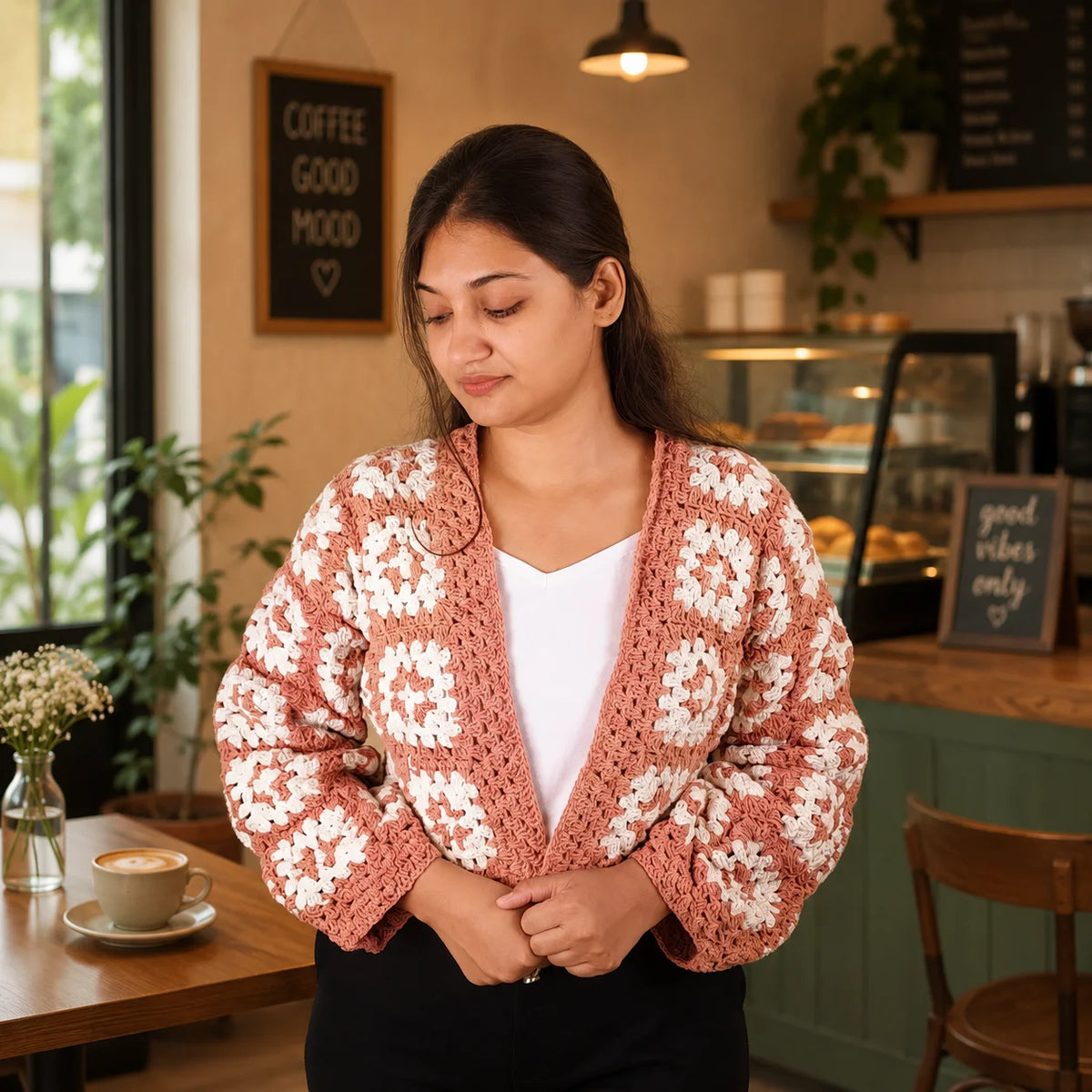 Patterned Peach Crochet Cardigan