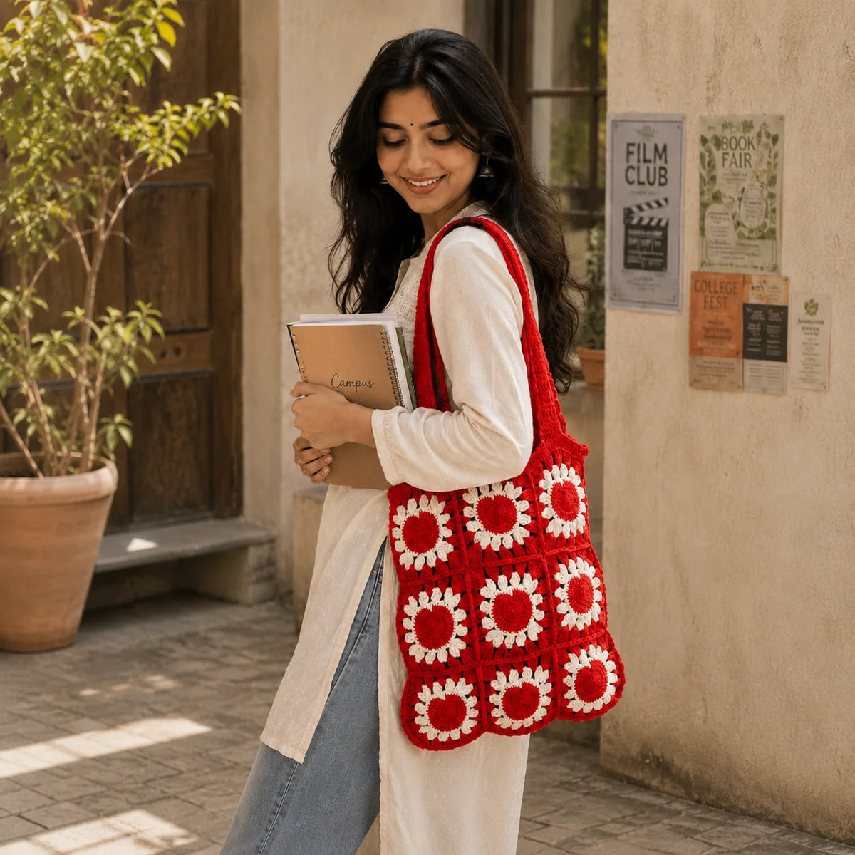 Crochet Knitted Heart Shoulder Bag