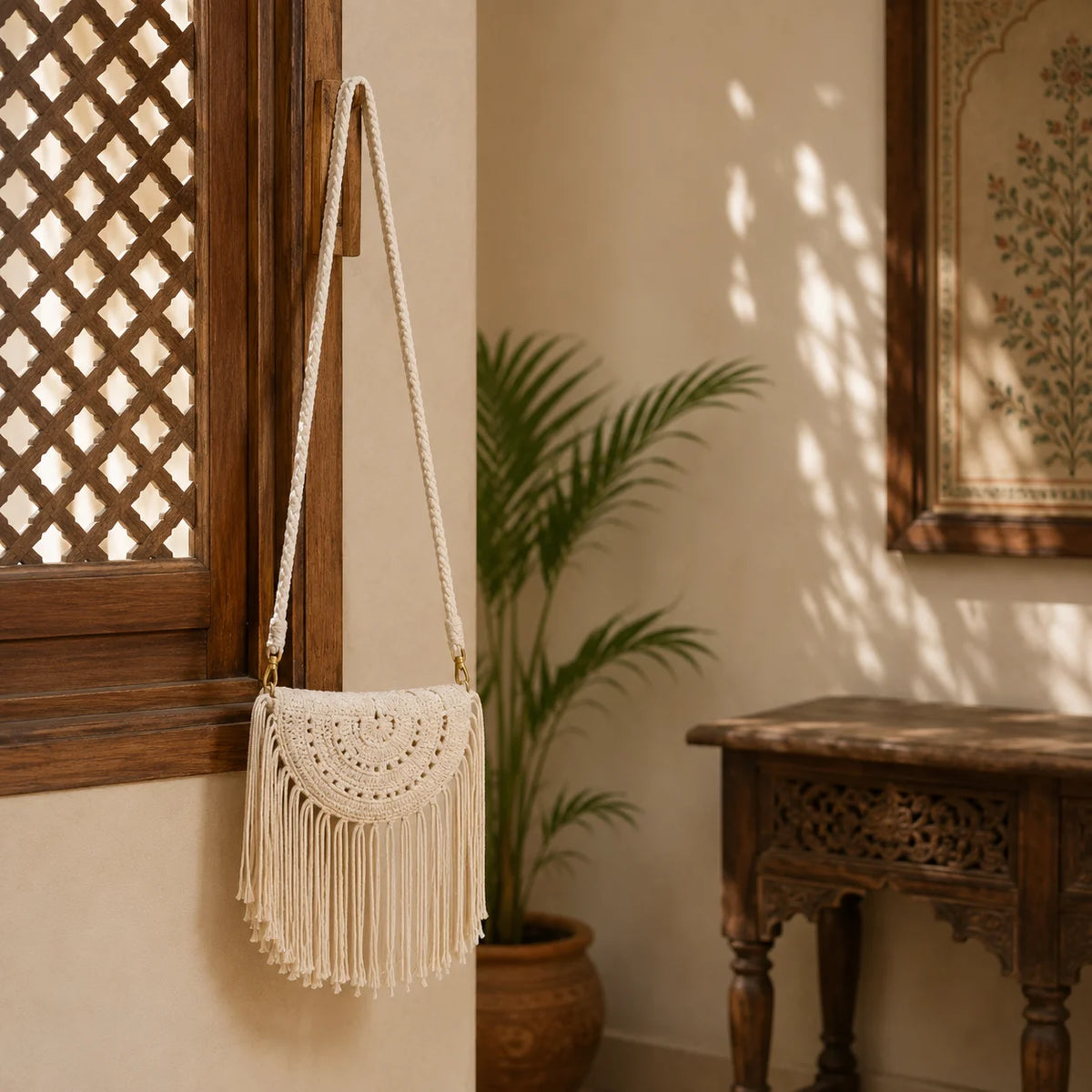 Macrame Long Tassel Half Moon Sling Bag