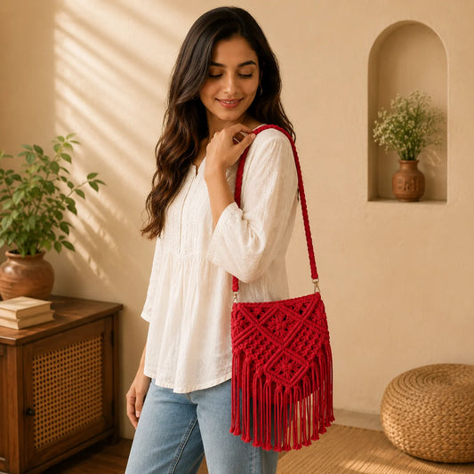 Red Macrame Knotted Tassel Sling Bag