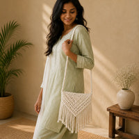 Macrame White Tassel Sling Bag